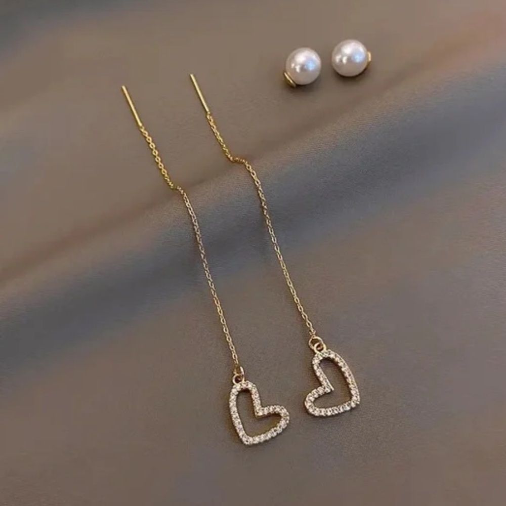 NEW 14K Gold Plated Diamond & Pearl Pendant Heart Earrings